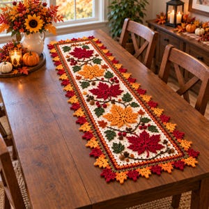 May include: A rectangular crochet table runner featuring a cream-colored base with an intricate pattern of red, orange, and green maple leaves, small brown acorns, and red berries, finished with a scalloped edge of colorful autumn leaves.