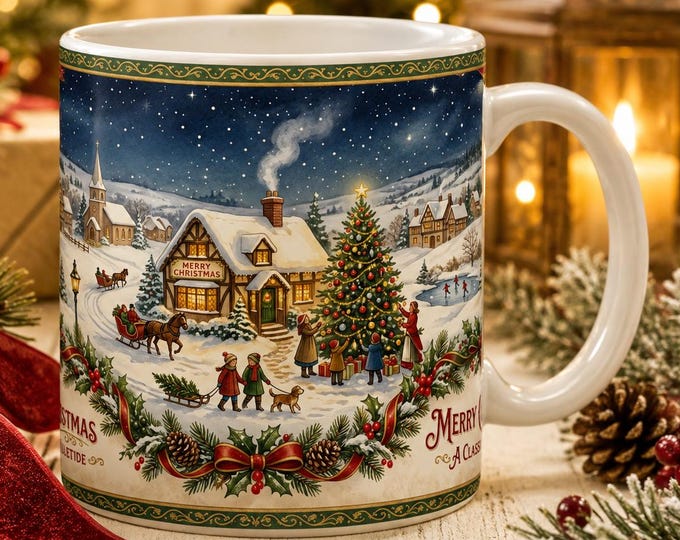 Nostalgic Christmas Mug, Vintage Snowy Village Coffee Cup