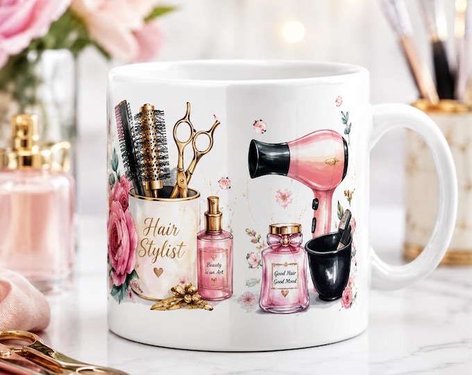 Hair Stylist Mug – Pink & Gold Gift for Hairdresser