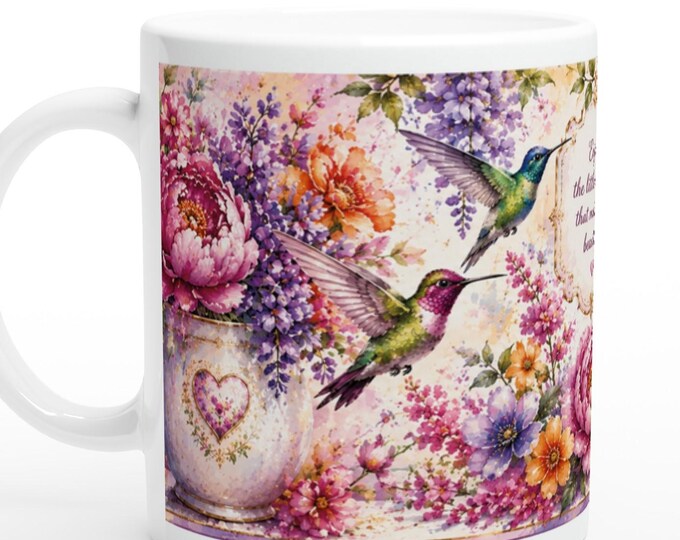 Hummingbird & Peony Floral Mug Inspirational Gift for Her