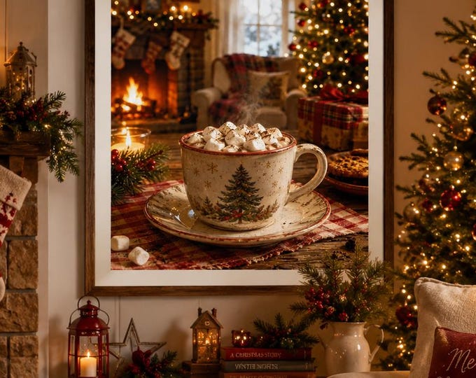 Nostalgic Hot Chocolate Festive Art Print with Marshmallows