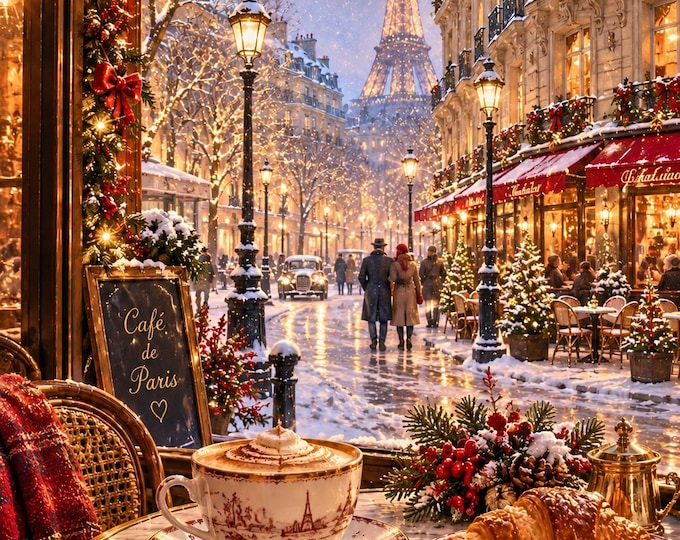 Paris Wall Art, Christmas Wall Art, Winter Canvas, Christmas in Paris, Laura W Style