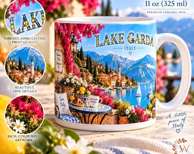 Lake Garda Italy Panoramic Mug, Italy Travel Gift, Italian Lakes Coffee Mug