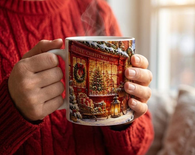 Christmas Village Mug, Vintage Christmas Shop, 11oz Ceramic Coffee Cup