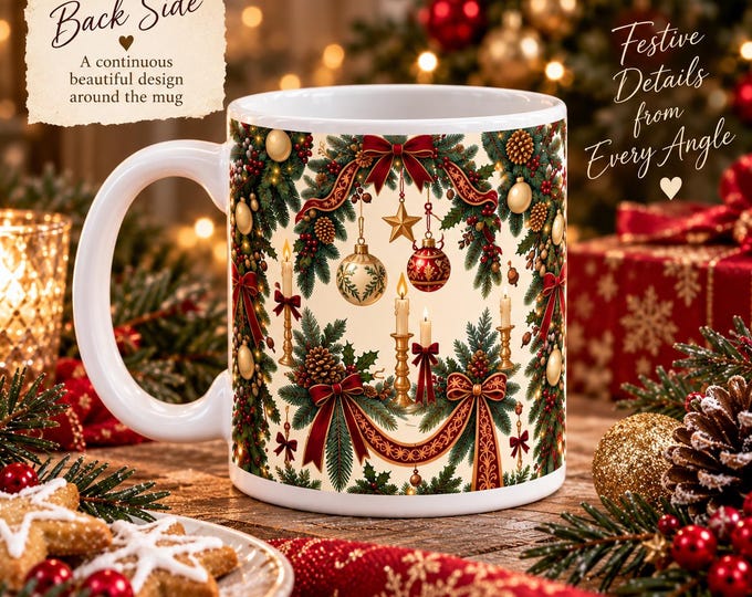 Christmas Garland Mug, Elegant Festive Coffee Cup