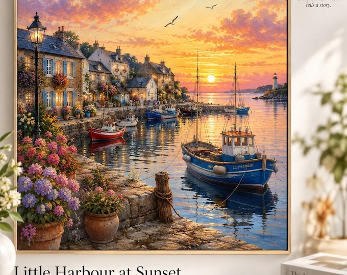 Little Harbour at Sunset Wall Art – Coastal Fishing Village Print