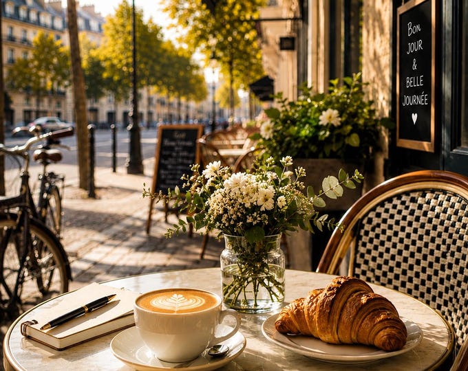 Paris Café Wall Art: Croissant & Cappuccino Print (Matte Paper)