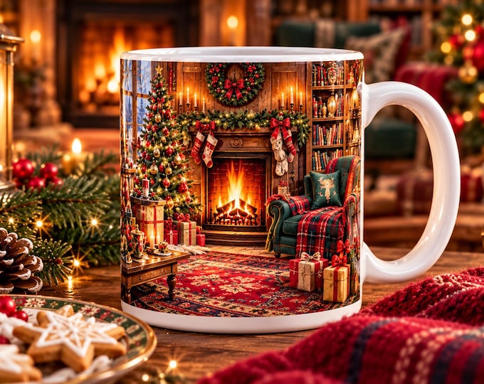 Vintage Christmas Fireplace Mug, Cosy Christmas Mug, Traditional Holiday Gift
