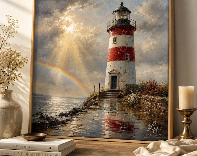 Coastal Lighthouse Art Print with Red Stripe on Canvas