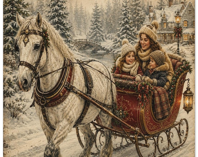 Christmas Nostalgia Art | Vintage Print of Family Adventure in the Snow with Horse & Sledge