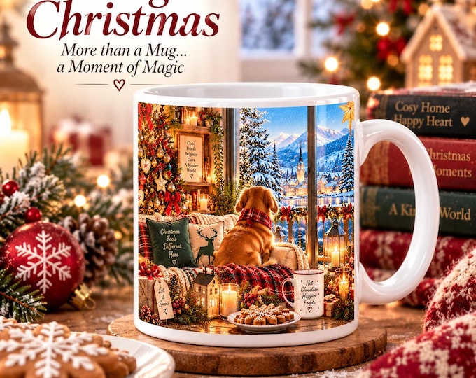 Nostalgic Christmas Mug – Cosy Dog & Snowy Village