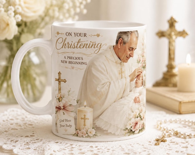Personalised Custom Christening Mug  Baptism Keepsake, Elegant Ceramic Baby Shower Gift (11oz)