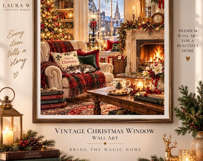 Vintage Christmas Window Wall Art, Cosy Winter Village Print, Festive Home Decor