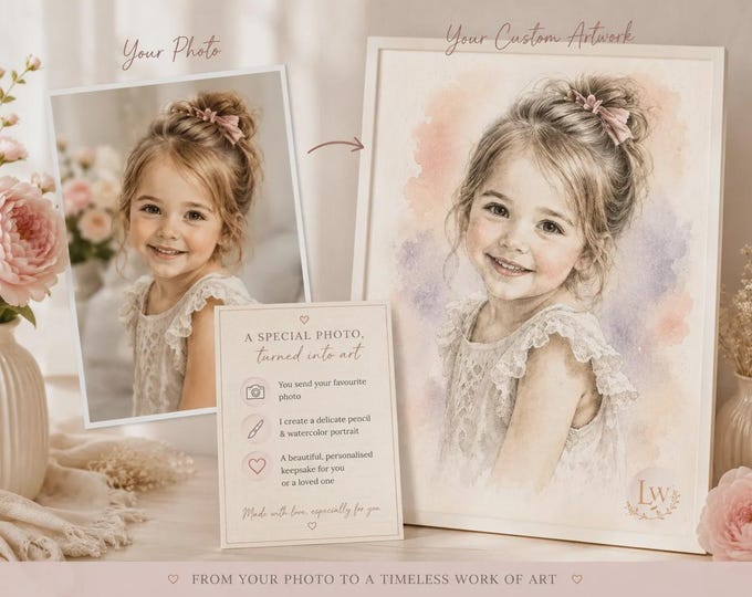Custom Pencil Watercolour Portrait, Personalised Illustration Art Print