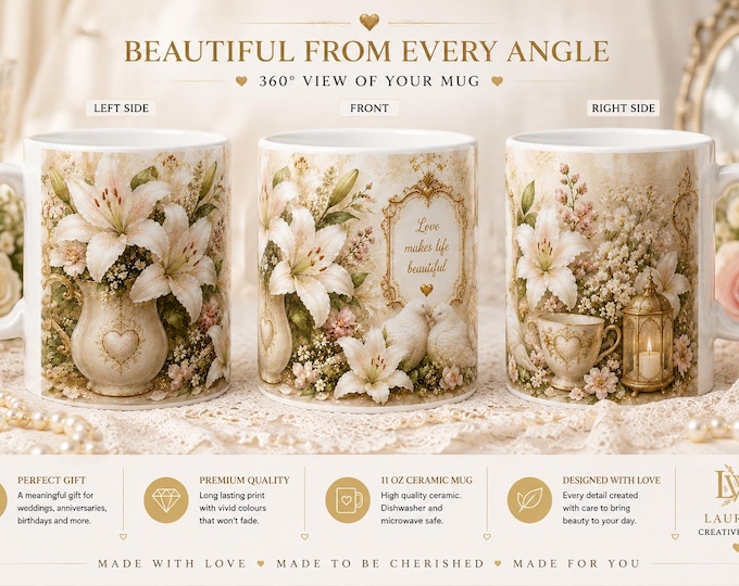 White Lily & Doves Love Mug – Wedding Gift