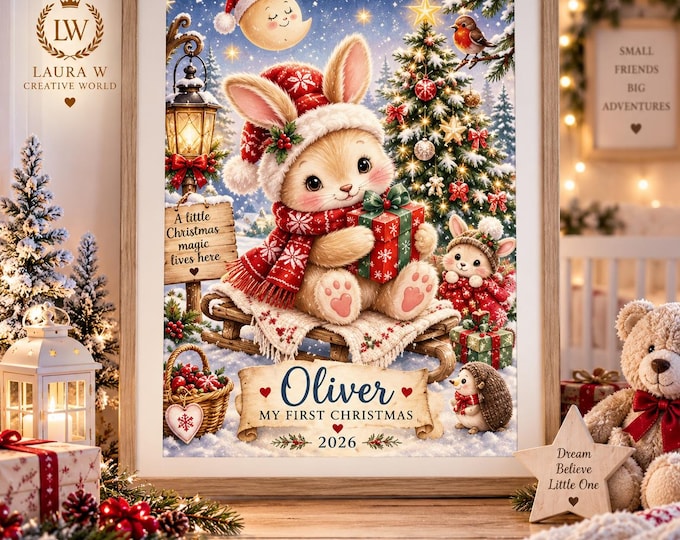 Cute Bunny Christmas Nursery Kids Decor Wall Art, Festive Winter Woodland Poster