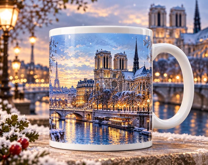 Winter Paris Notre Dame Panoramic Mug, Snowy Paris Christmas Mug, French Travel Gift, Paris Lover Gift, 11 oz Ceramic Mug