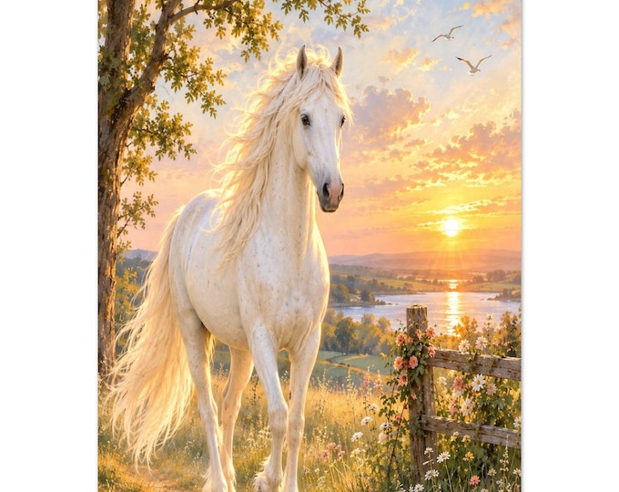 White Horse Wall Art | Golden Sunset Equestrian Print
