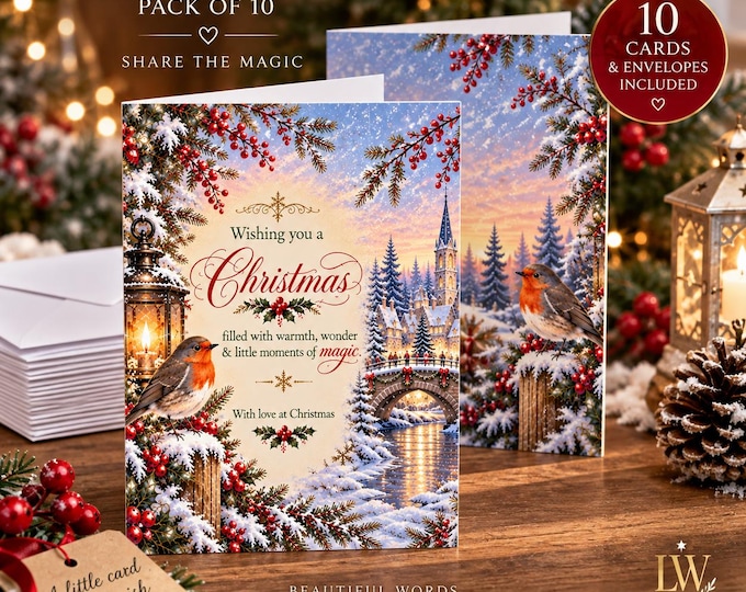 Christmas Cards Pack of 10, Illustrated Festive Greeting Cards, Blank Inside, Elegant Christmas Card Set