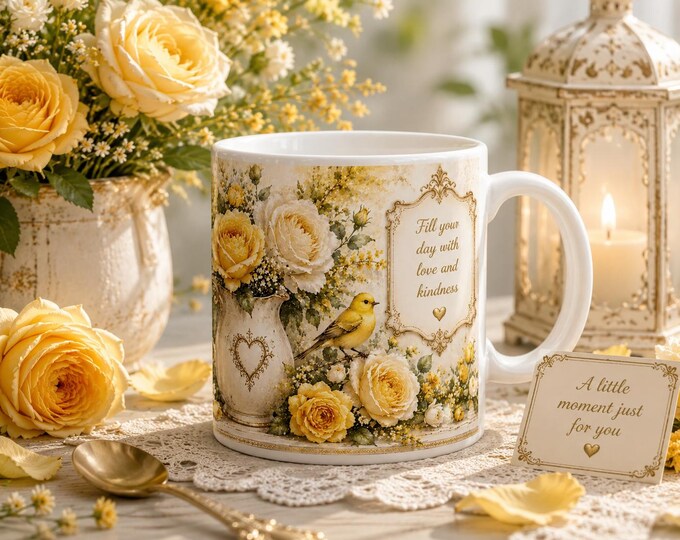 Yellow Rose & Songbird Mug: Fill Your Day With Love and Kindness