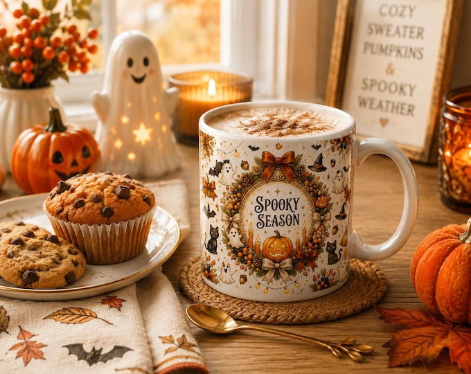 Cute Halloween Mug, Spooky Season Ghost & Pumpkin Cup