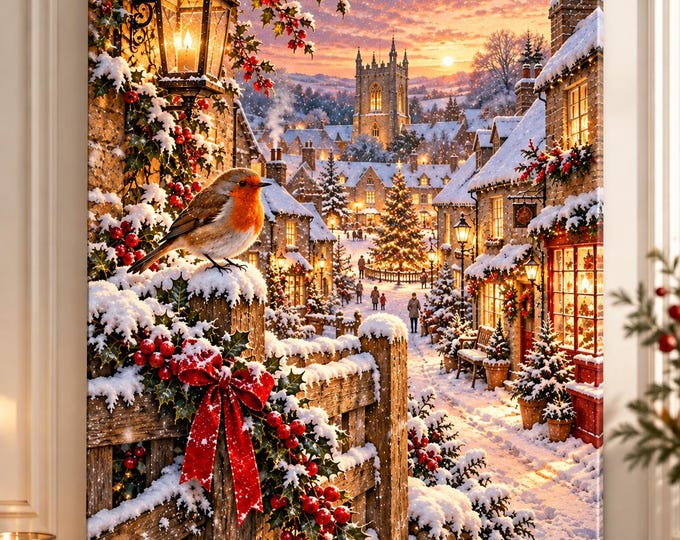 Christmas Wall Art, Winter Wall Art, Snowy Village Canvas, Robin Christmas Art, Laura W Style