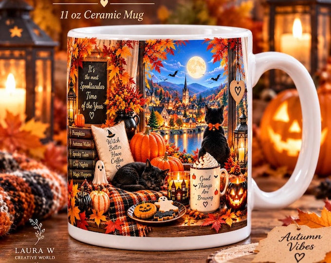 Cosy Halloween Mug, Black Cat & Pumpkin Mug, 11 oz