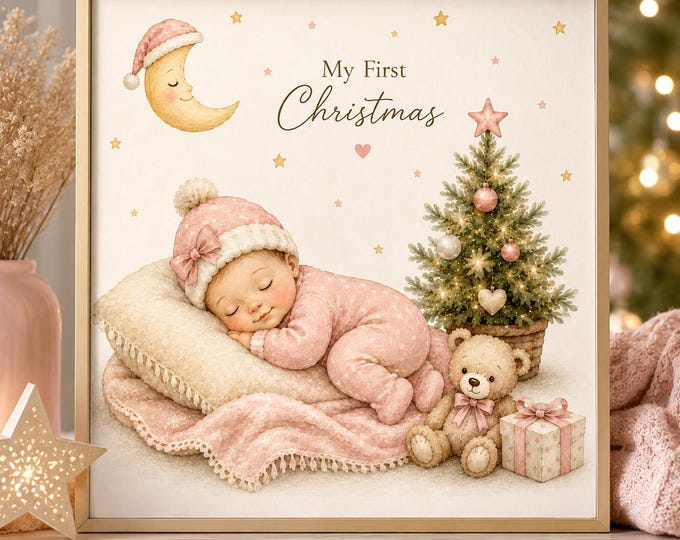 My First Christmas Baby Girl Wall Art | Pink Christmas Nursery Print | Newborn Baby Gift