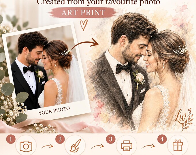 Custom Pencil and Watercolor Wedding Portrait on Canvas