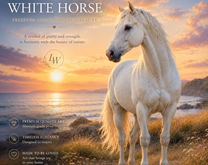 White Horse at Sunset | Romantic Coastal Horse Wall Art