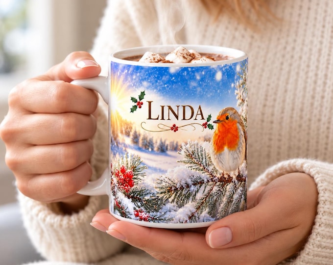Personalised Christmas Robin Mug, Custom Name Winter Coffee Cup