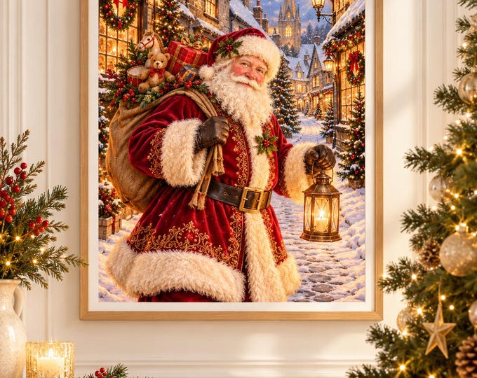 Vintage Santa Print, Jolly Santa Christmas Wall Art, Snowy Village Poster