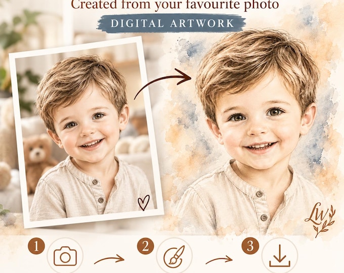 Custom Children's Pencil and Watercolour Portrait from Photo, Hand-Drawn Style Wall Art, Unframed