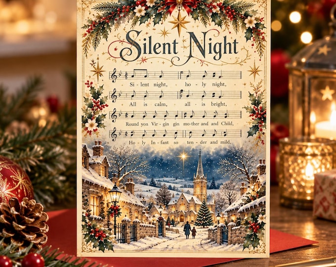 Vintage Christmas Cards, Silent Night Christmas Card, Snowy Village Christmas Card, Pack of 10