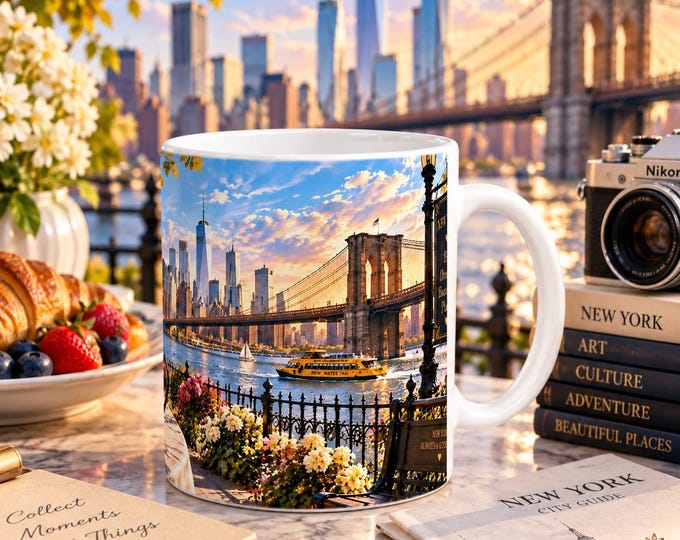 New York Panoramic Mug, Brooklyn Bridge NYC Coffee Mug, New York Travel Gift