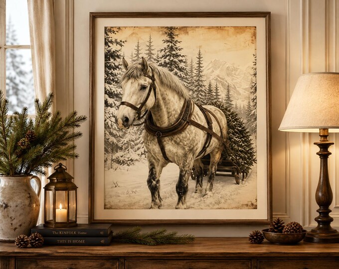 Vintage Christmas Horse Sleigh Wall Art