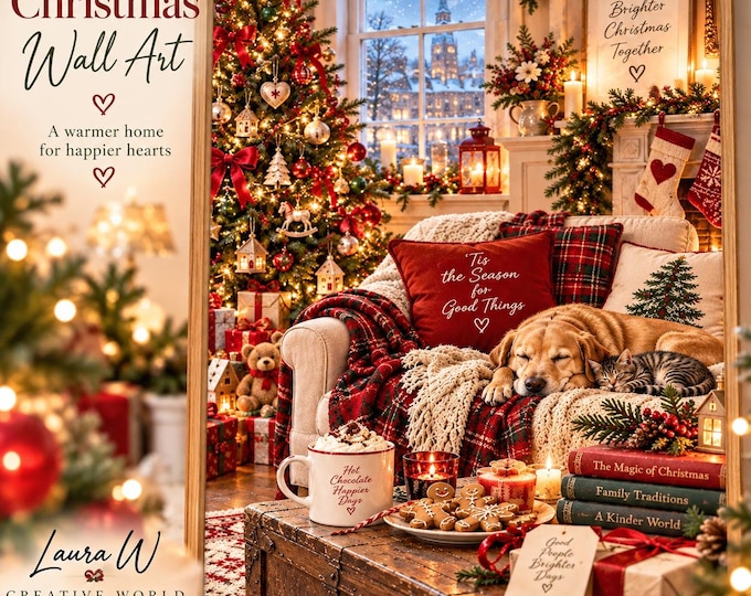 Cosy Christmas Wall Art – Dog & Cat by the Christmas Tree
