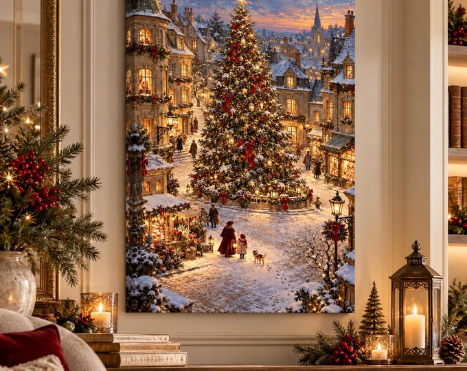Winter Wall Art, Christmas Canvas Wall Art, Nostalgic Christmas Village