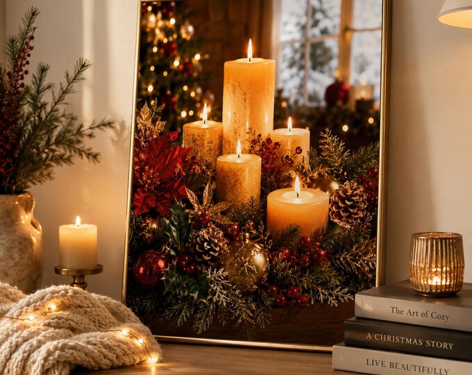 Christmas Candle Scene Print with Festive Decor - Unframed