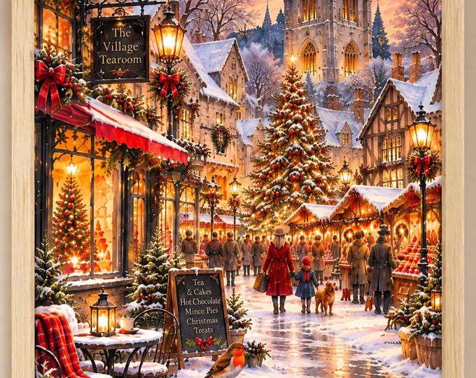 Christmas Framed Wall Art | Nostalgic British Christmas Village Watercolour