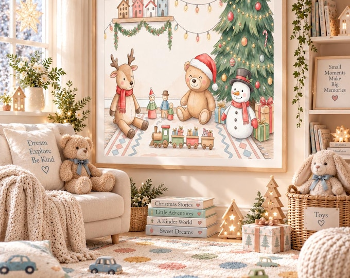 Christmas Nursery Wall Art – Reindeer Teddy & Snowman Print