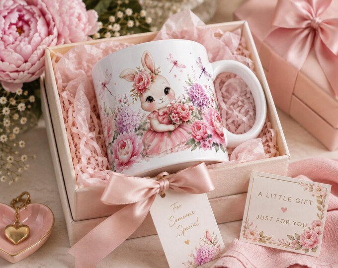 Pastel Floral Bunny Ceramic Mug – 11 oz Dishwasher Safe Gift
