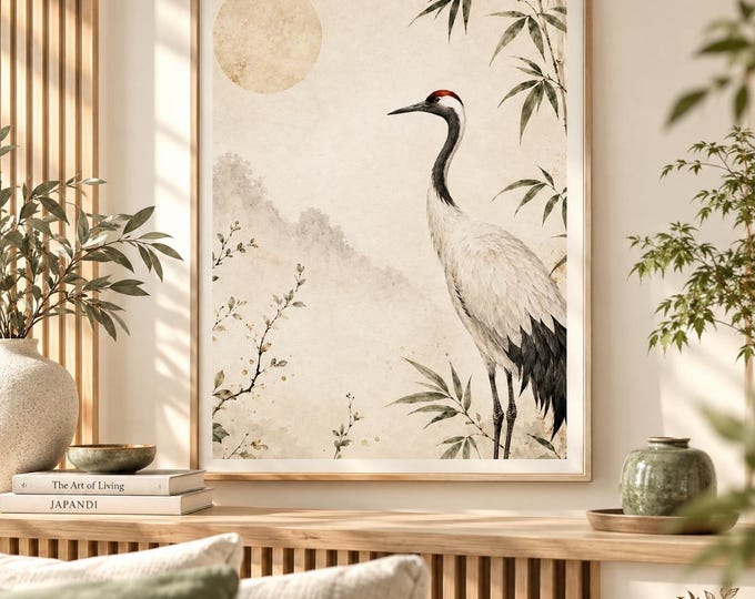 Japandi Crane Watercolour Wall Art