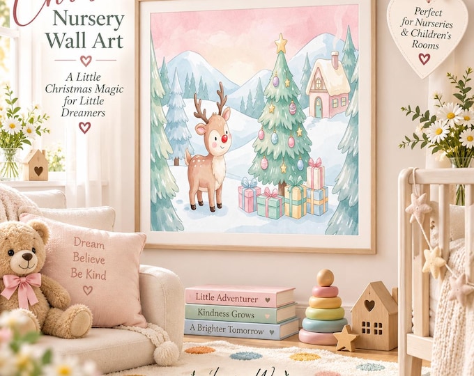 Christmas Nursery Wall Art – Cute Reindeer Pastel Print