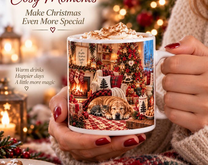 Nostalgic Christmas Mug – Cosy Dog & Cat Christmas Scene