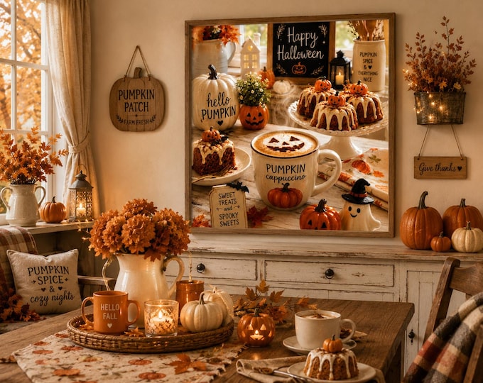 Pumpkin Spice Kitchen Wall Art, Cosy Autumn Cappuccino Print