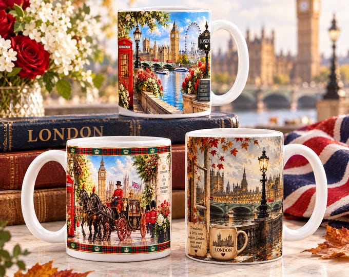 London Mug Gift Set of 3, Rainy Heritage & Big Ben illustrated Mugs, British Souvenir Gift,