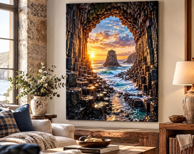 Scotland Wall Art, Fingal’s Cave Isle of Staffa Canvas, Scottish Island Coastal Art, Laura W Style