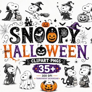 May include: A collection of Snoopy Halloween digital illustrations featuring the character in various costumes like a mummy, vampire, witch, and ghost, alongside pumpkins, bats, and spiderwebs. The text reads SNOOPY HALLOWEEN CLIPART PNGS 35+ 300 DPI.