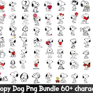 Op de afbeelding: Een digitale collectie van meer dan 60 Snoopy-karakterillustraties in diverse houdingen en uitdrukkingen, met zwart-witte lijntekeningen en rode accenten. De tekst onderaan luidt: Snoopy Dog Png Bundle 60+ character.